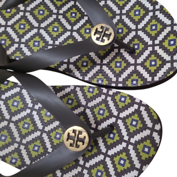 Tory Burch Geometric Gold Logo Wedge Flip Flops Green Brown Size 9/10 - Picture 4 of 11